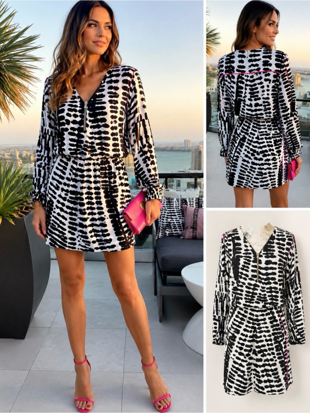 KARINA GRIMALDI Silk Zip Front Abstract Print Mini Dress Black White Pink Sz S💛